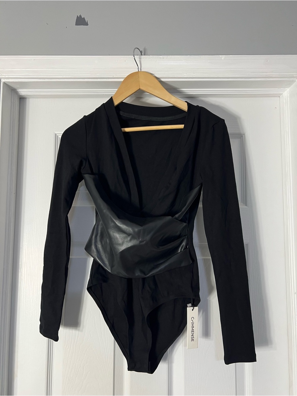Commense Black Long-Sleeve Bodysuit with Faux Leather Waist Corset